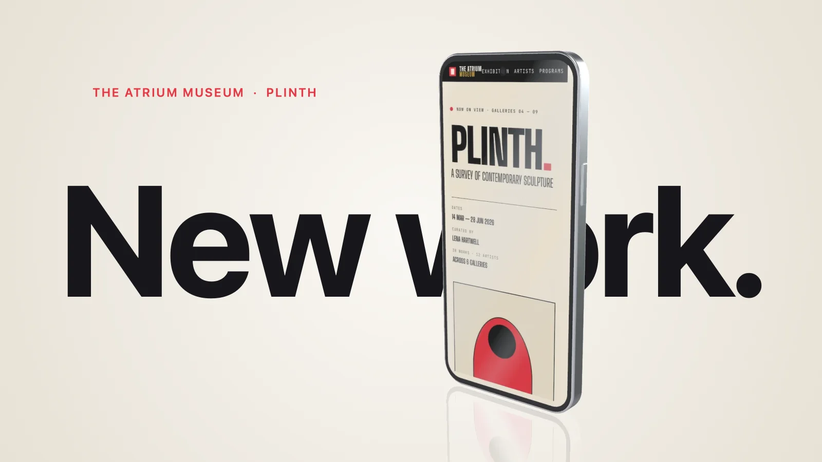 A 3D phone standing in front of the headline New work., on a sand gradient, made in Plures