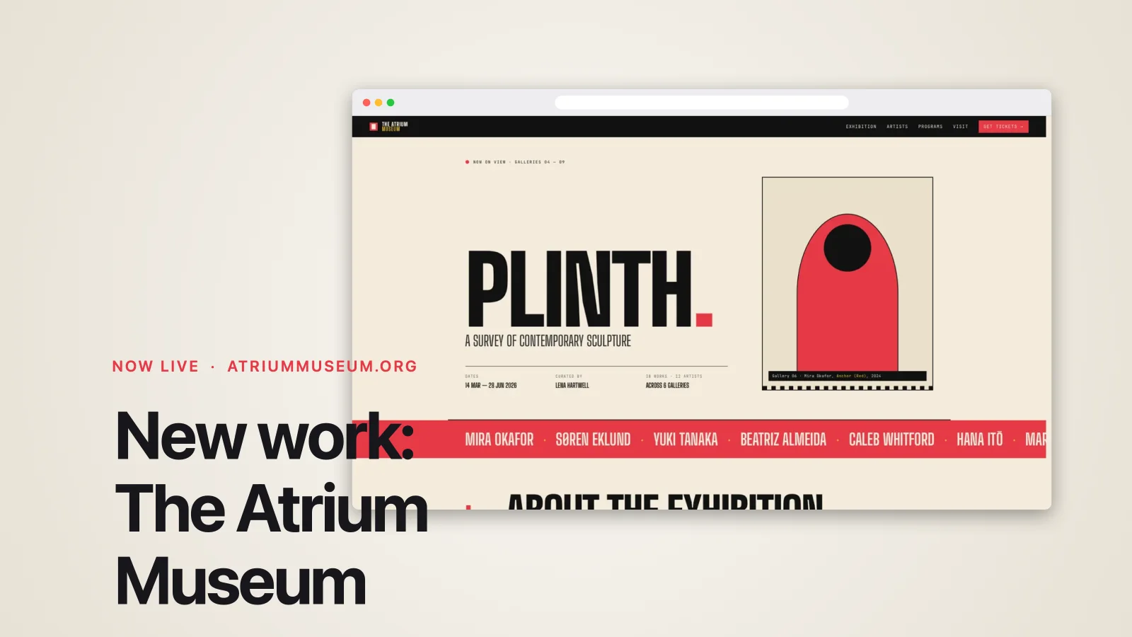 The site in a light browser frame on a sand gradient, with the headline New work: The Atrium Museum set in front of the frame's corner, made in Plures