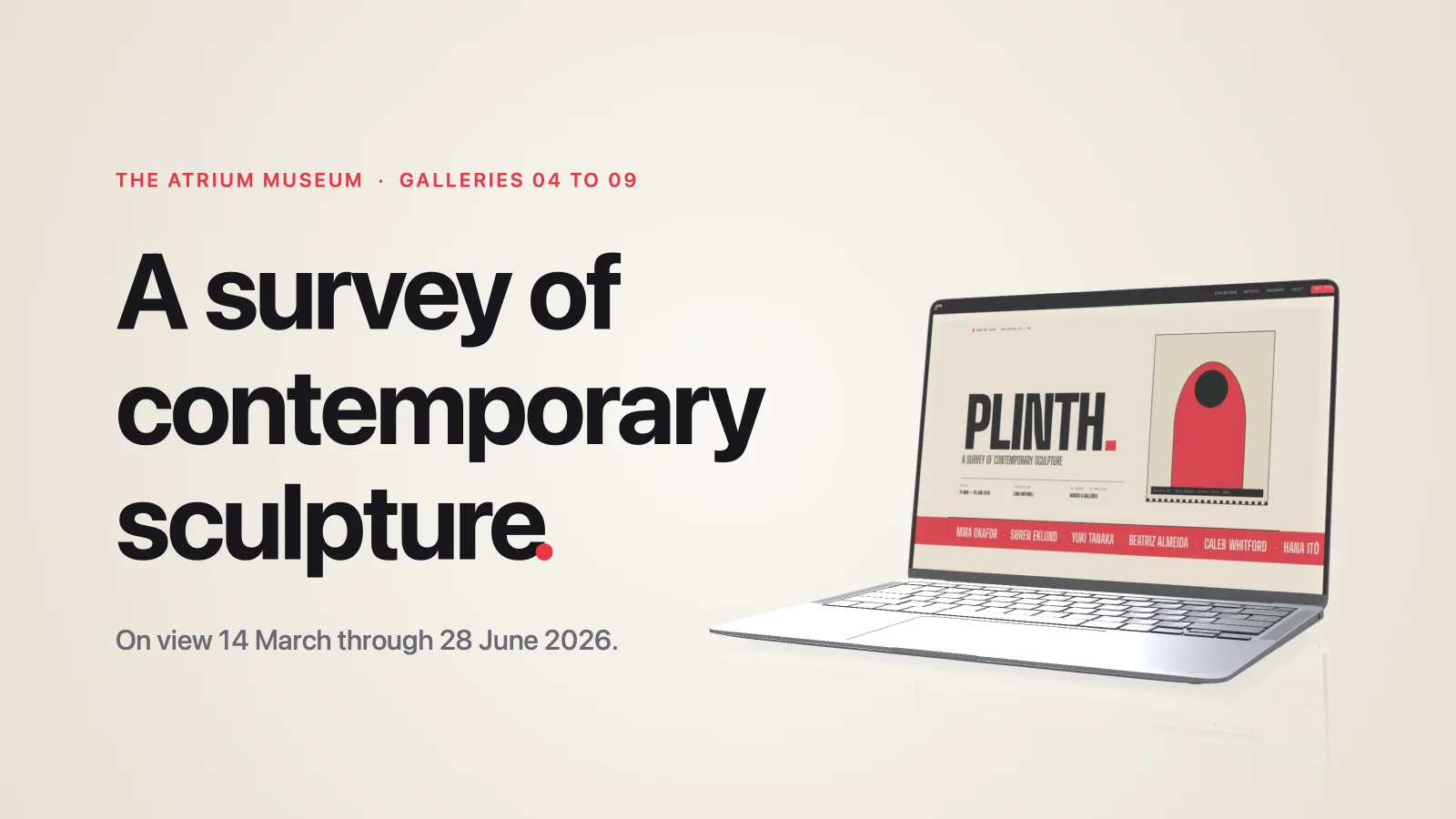 A laptop on a paper gradient with a bold headline tucked behind it, one composition