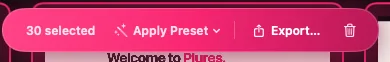 The context toolbar with 30 items selected: Apply Preset and Export