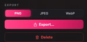 The inspector's export controls: PNG, JPEG, WebP picker and the Export button