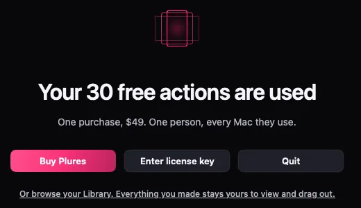 The end-of-trial screen: Buy Plures, Enter license key, Quit, and a link to browse the Library