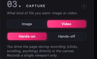 The Capture panel in Video mode with Hands-on selected