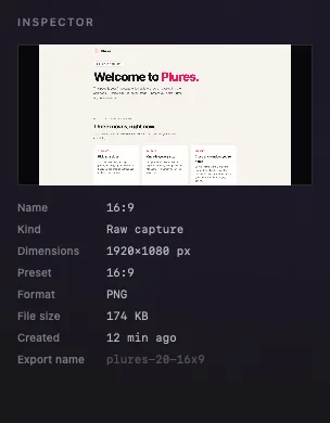 The inspector: preview, name, kind, dimensions, format, file size, and export name