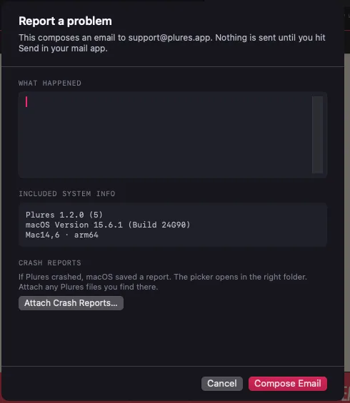 The Report a problem sheet: what happened, included system info, and crash report attachment
