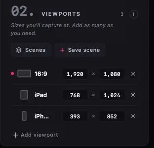The Viewports panel: Scenes and Save scene buttons above a list of three viewports