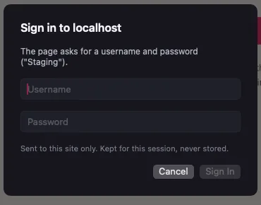 The sign-in sheet for a password-protected site: username and password fields, Cancel and Sign In