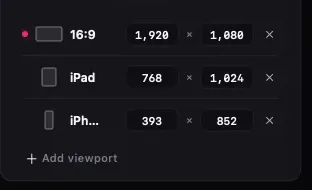 Three viewports in the list: 16:9, iPad, and iPhone, with Add viewport below