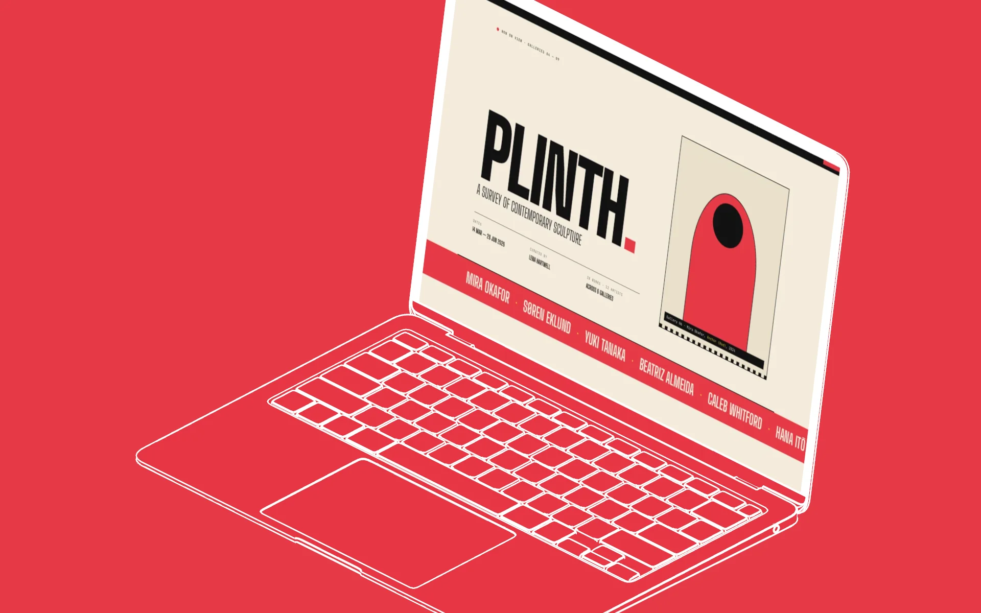 The same capture as a blueprint line-art laptop in PLINTH red, unedited Plures export