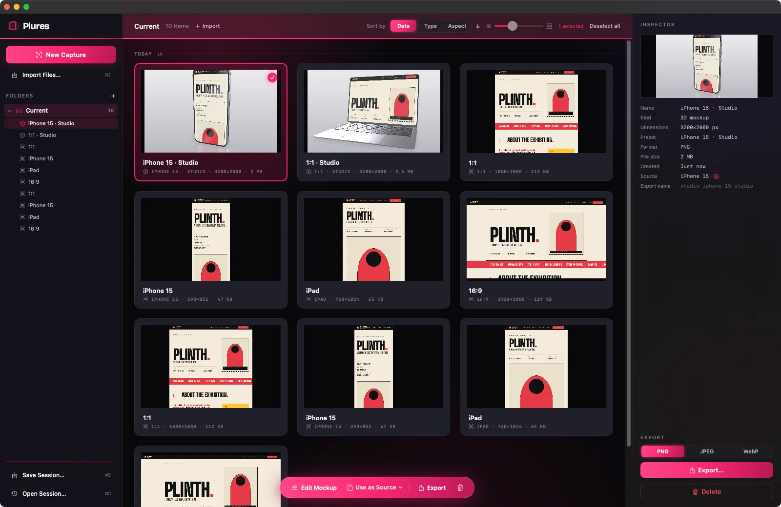 The Plures Library: a grid of captures with the context toolbar and inspector