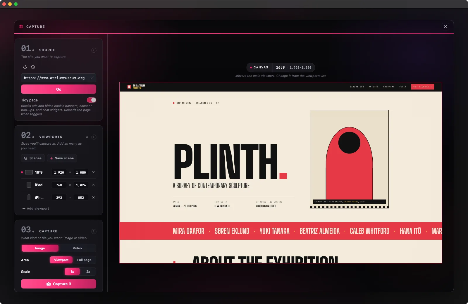 The capture window over the Library: URL, viewport list, capture controls, live canvas