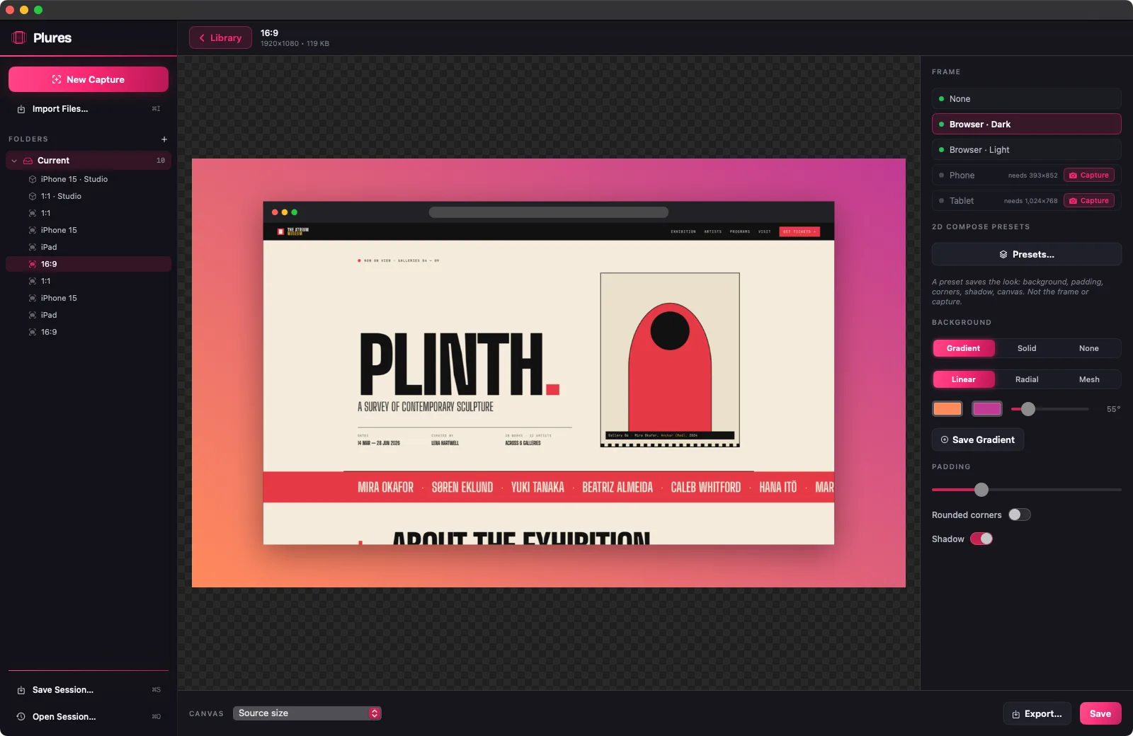 The 2D Compose editor: a capture in a browser frame on a gradient background