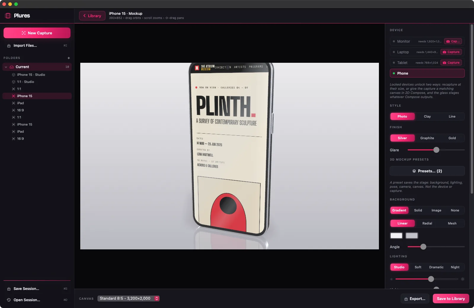 The 3D Mockup editor: the same capture on a phone, camera and style controls